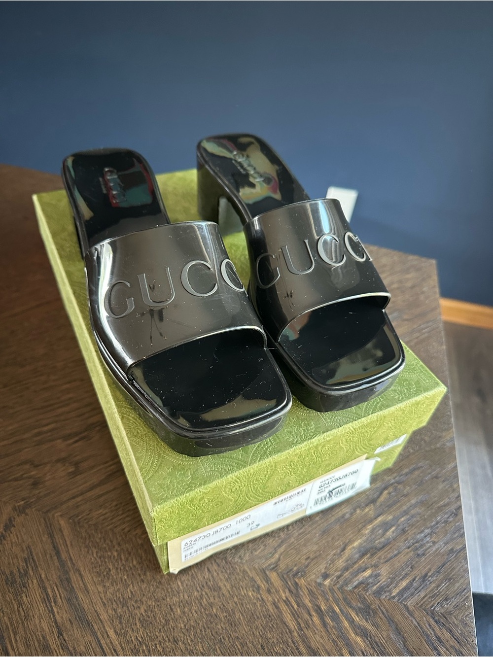 Gucci Black Patent Logo Slide Mules